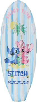 Dmuchany materac plażowy Stitch, Angel i Scrump, biało-niebieskie paski, motyw tropikalny i napis ENJOY TIME.