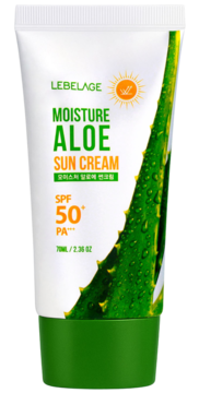 Widok z przodu: LEBELAGE Moisture Aloe Sun Cream SPF 50+ PA+++, biała tubka z zielonym liściem aloesu.