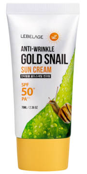 Biała tuba kremu LEBELAGE Anti-Wrinkle Gold Snail Sun Cream SPF 50+ PA+++ ze ślimakiem na zielonym liściu, widok z przodu.