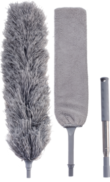 Szara szczotka teleskopowa Ewa Schmitt HOME AP099 z dwoma nakładkami: puszystą i płaską z mikrofibry.