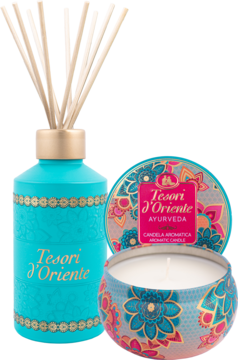 Tesori d'Oriente Ayurveda zestaw: turkusowy dyfuzor z patyczkami i wzorzysta świeca, widok z przodu.