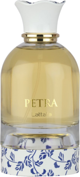 Petra Lattafa floral fruity gourmand, klarowna butelka ze złotym płynem, biały korka, niebieskie zdobienia, przód.