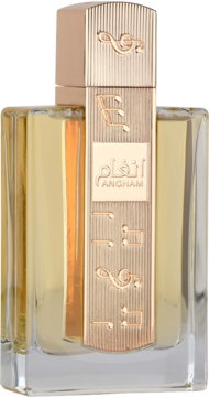 Złoty flakon perfum unisex Angham, z reliefami nut muzycznych i napisem, widok z przodu na jasnym tle.