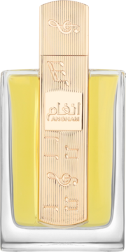 Lattafa Angham woda perfumowana w przezroczystej butelce ze złotą etykietą z motywami muzycznymi, widok z przodu.