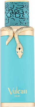 Vulcan Feu French Avenue zapach, turkusowa butelka ze złotym wężem i wzorzystym korkiem, widok z przodu.