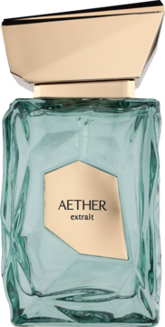 Aether Extrait: luksusowy perfum w turkusowej, fasetowanej butelce ze złotym korkiem, widok z przodu.