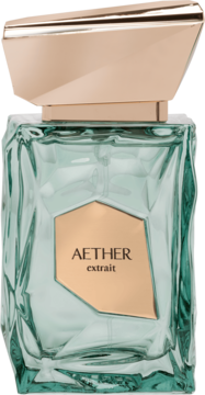 Woda perfumowana French Avenue Aether: fasetowana turkusowa butelka z geometrycznym złotym korkiem i etykietą.