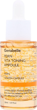 Genabelle PDRN Vita Toning Ampoule w przezroczystej butelce z witaminowymi kapsułkami, widok z przodu.
