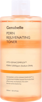 Genabelle PDRN Rejuvenating Toner, przezroczysta butelka z pomarańczowym płynem i białą zakrętką, widok z przodu.