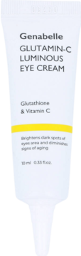 Genabelle Glutamin-C Luminous Eye Cream w białej tubce z żółtym paskiem, z przodu, 10 ml.