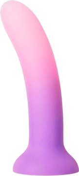 6-calowe dildo ombre różowo-fioletowe z zakrzywionego silikonu, z przyssawką, widok z przodu.