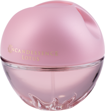 Perfumy Incandessence Lotus Avon w różowym, kulistym flakonie z przezroczystym dnem, widok z przodu.