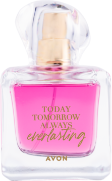 AVON Today Tomorrow Always Everlasting perfum w szklanej butelce z różowym płynem, widok z przodu.