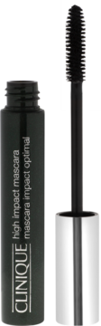 Otwarta czarna maskara Clinique High Impact z wyjętą szczoteczką, pionowo. Podkreśla i pogrubia rzęsy.