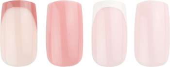 Cztery pionowe swatche lakierów hybrydowych w różnych odcieniach jasnego różu i beżu, z błyszczącym wykończeniem.
