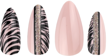 Sztuczne paznokcie press-on migdałowe: różowe, czarno-różowa zebra i złoty brokat. Widok z bliska czterech wzorów.