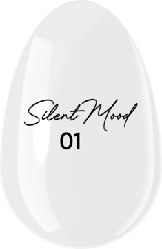 Biały lakier hybrydowy Silent Mood 01, jajowata buteleczka z połyskiem, widok frontalny.