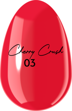 Flakon lakieru żelowego w kształcie jajka, intensywnie czerwony Cherry Crush 03, z połyskiem, na pastelowym tle.