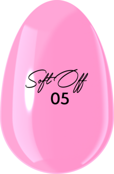 Różowy, błyszczący lakier hybrydowy Soft Off 05, z czarnym napisem, w jajowatej butelce, widok z przodu.