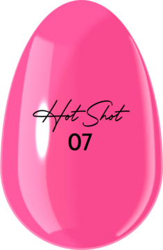 Jajowata butelka intensywnie różowego lakieru hybrydowego Hot Shot 07 z czarnym napisem, widok z przodu.