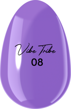 Lawendowy lakier hybrydowy Vibe Tribe 08 w owalnej butelce z połyskiem, widok z przodu.