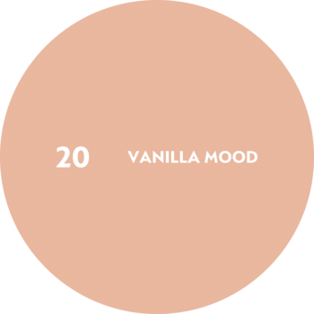 Okrągła, brzoskwiniowa etykieta z białymi cyframi '20' i napisem 'VANILLA MOOD', widok z przodu na czarnym tle.