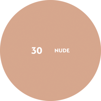 Okrągły próbnik odcienia Nude 30, jasny brąz, na czarnym tle, z białym napisem '30 NUDE'.