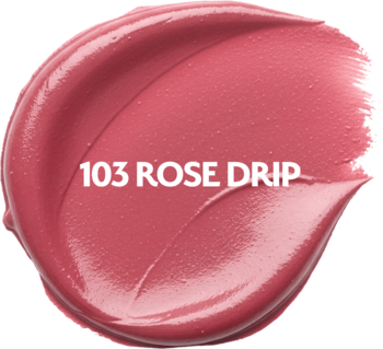 Zbliżenie na kremowy rozmaz błyszczyka lub szminki w odcieniu 103 ROSE DRIP. Widoczne błyszczące, satynowe wykończenie.