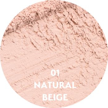 Sypki puder do twarzy w odcieniu 01 Natural Beige, drobno zmielony, beżowy, widok z góry w okrągłym ujęciu.