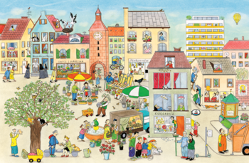 Wielobarwna ilustracja targu na placu miejskim z ruchomymi ludźmi, straganami i kolorowymi budynkami.