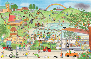 Panoramiczna, barwna ilustracja tętniącego życiem parku z placem zabaw, jeziorem, ludźmi, tęczą i miastem.