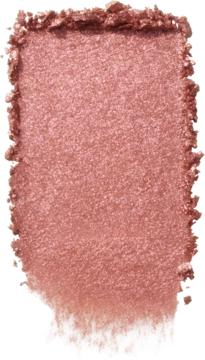 Zbliżenie na roztarty, różowo-miedziany cień do powiek o metalicznym, brokatowym wykończeniu na jasnym tle.