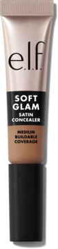 e.l.f. Soft Glam Satin Concealer, beżowo-brązowa tuba z czarną zakrętką, napis "Medium Buildable Coverage", widok z przodu.