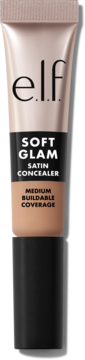 e.l.f. Soft Glam Satin Concealer w beżowej tubce z metalicznym blaskiem, czarny napis, widok z przodu.