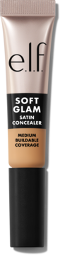 e.l.f. Soft Glam Satin Concealer w beżowej tubce z czarną nakrętką, medium buildable coverage, widok z przodu.