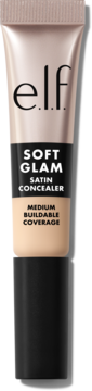e.l.f. Soft Glam Satin Concealer w tubce beżowo-złotej z czarną nakrętką, średnie krycie, widok z przodu.