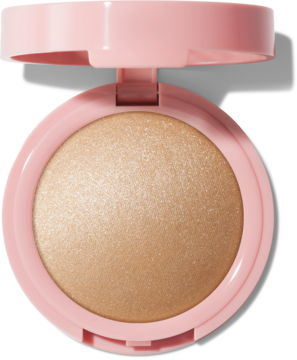 Rozświetlacz do twarzy w pudrze, złoto-beżowy, w otwartej, różowej puderniczce z sercem na wieczku.