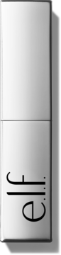 Biały, błyszczący sztyft kosmetyczny e.l.f. z czarnym, pionowo zorientowanym logo, widok z przodu.
