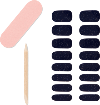 Ardell Nail Addict Midnight Sky: granatowe naklejki na paznokcie z połyskiem, pilniczek i drewniany patyczek.