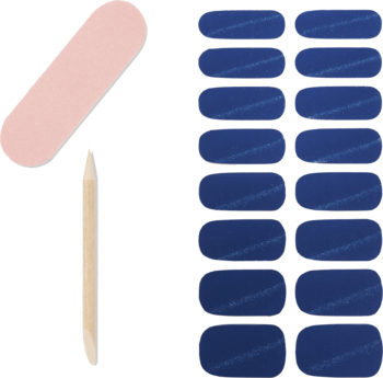 Ardell Nail Addict Gel Strips, ciemnoniebieskie półutwardzone paski żelowe, widoczne obok cyfry 1 na jasnym tle.