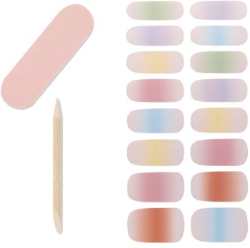 Zestaw Ardell Nail Addict Gel Strips: różowy pilnik, drewniany patyczek i 16 gradientowych pasków żelowych w pastelach.