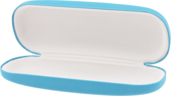 Eloy etui na okulary super tata w kolorze jasno-niebieskim, otwarte, z gładkim białym wnętrzem, widok z góry.