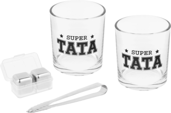 Zestaw Eloy: dwie przezroczyste szklanki 'SUPER TATA', metalowe kostki chłodzące do whisky i szczypce.