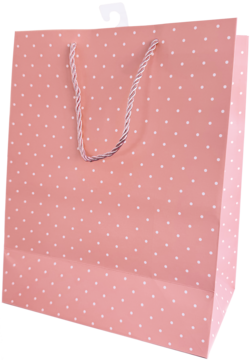 Duża różowa torebka prezentowa w białe kropki z plecionymi uchwytami, widok z przodu pod lekkim kątem.