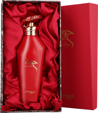 Luksusowe perfumy Zimaya w intensywnie czerwonej butelce ze złotymi zdobieniami, w otwartym, satynowym pudełku.