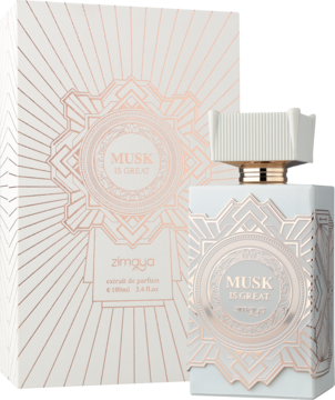 Perfumy Zimaya Musk Is Great, biała butelka z geometrycznym wzorem i pasujące pudełko, widok pod kątem.