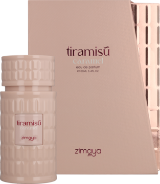 Zimaya Tiramisu Caramel eau de parfum, beżowa butelka z fakturą i pudełko. Widok z przodu, pod kątem.