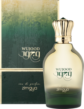 Zimaya Wujood 1979 Eau de Parfum: matowa butelka w odcieniach zieleni i złota, obok ozdobne pudełko, ujęcie pod kątem.