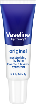 Vaseline Lip Therapy Original nawilżający balsam do ust 10g, biało-niebieska tubka, widok z przodu.