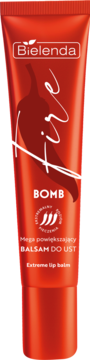 Czerwony, ekstremalny balsam powiększający usta Bielenda Lip Bomb, tubka z grafiką chili, widok frontalny.